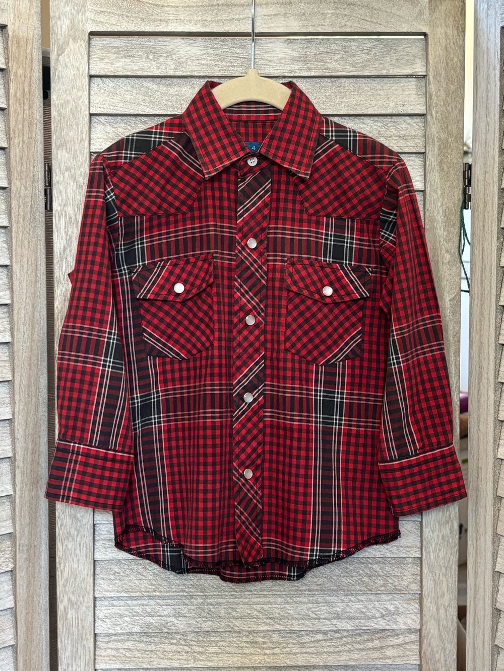 EXCELLENT VINTAGE 90s Wrangler Toddler 4 Blue Tag Western Pearl Snap Plaid Shirt